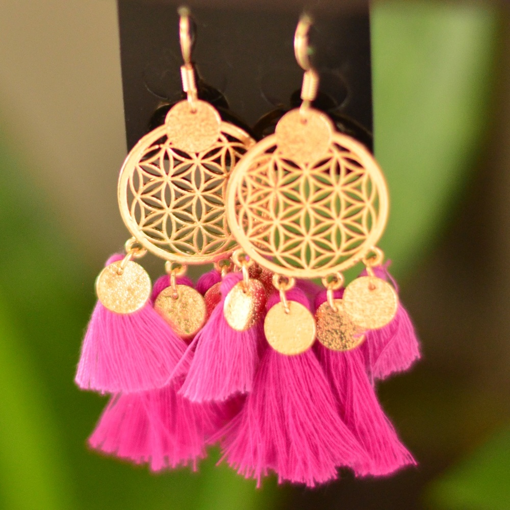 Boho Gold Dreamcatcher Tassel Earrings Pink